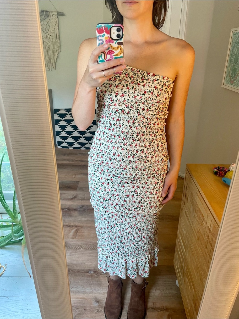 Floral Smocked Asymmetrical Strap Midi Dress - Cream with Red Floral